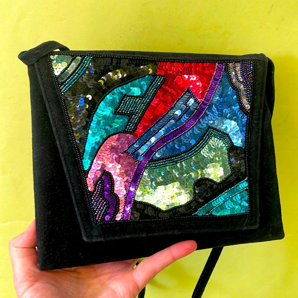 Vintage 80’s black leather/multicolored sequins bag